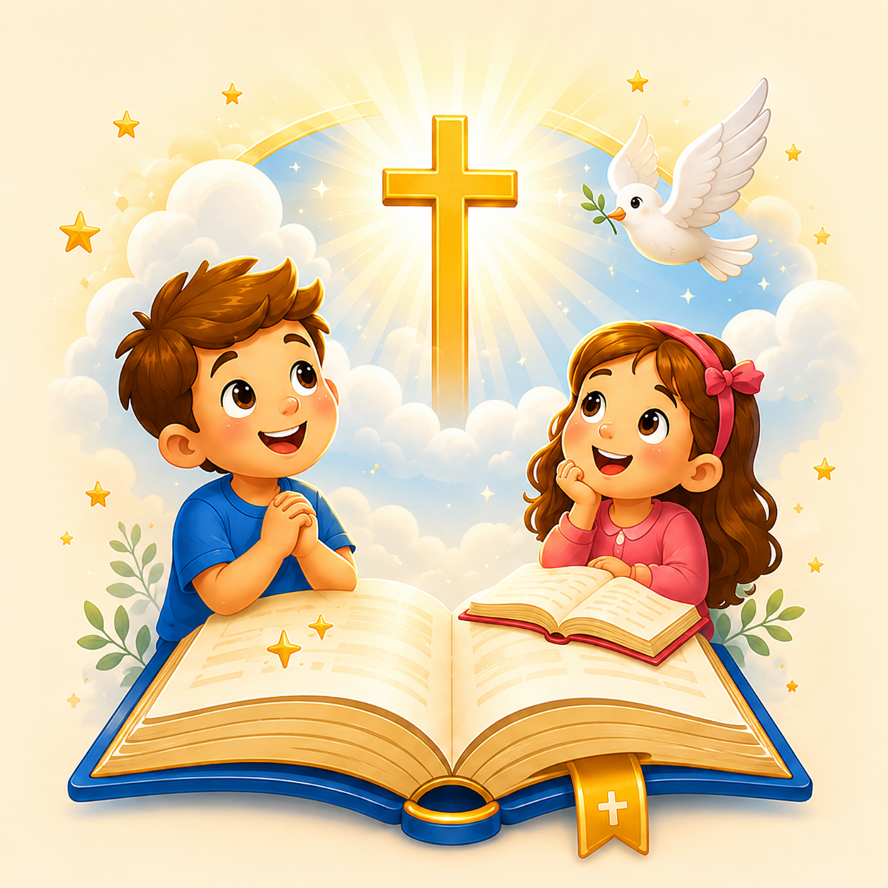 Duas crianças cristãs lendo o livro Meu Filho Herói com cruz dourada e pomba celestial